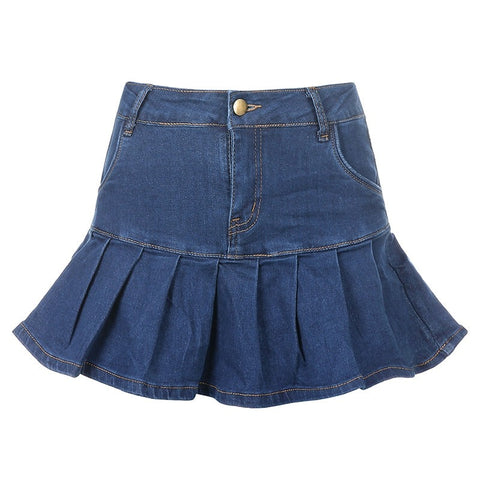 Sonicelife hoco dresses Weekeep Women Jeans Skirts High Waist Fashion Pleated Skirt Buttons Fly Rave Party Club Streetwear New Ruffles Skinny Blue Skirt