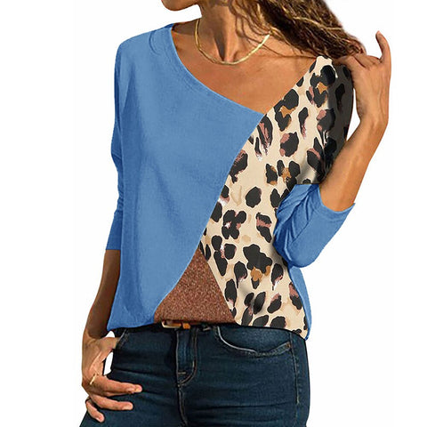 Women Casual Asymmetrical V-Neck Pullover Leopard Print Patchwork Spring Autumn Ladies Tees Long Sleeve Slim Fit Female T Shirt