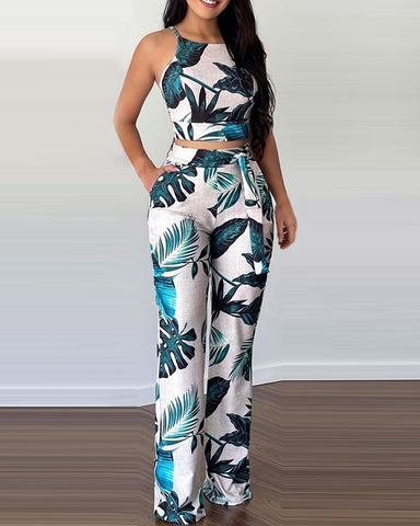 2023 Women Summer Spring Casual Sleeveless Tropical Print Crop Top & Long Pants Set Vacation 2PCS Set