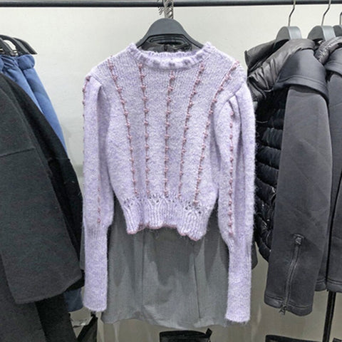 New Spring Autumn Women Knit Sweater Long Sleeve High Collar Vintage Purple Sweaters Female Streetwear Slim Pullover