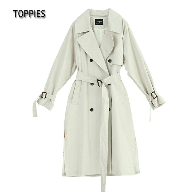 Toppies Long Trench Coat 100% cotton Loose Oversized Women's Trench Coat Double-Breasted Belted Lady Cloak Windbreaker 2023