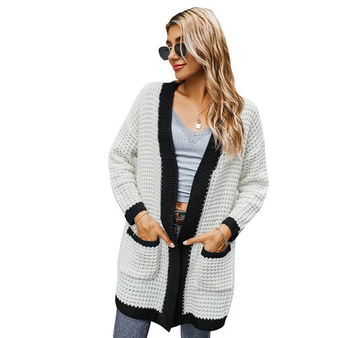 Sonicelife Sale Women Stitching Cardigan Jacket Patchwork Knitted Coat With Pocket Long Sleeve Soft Long Female Sweaters Casual Outwear D30