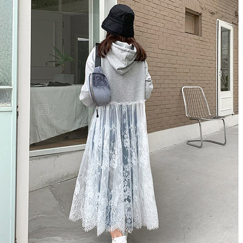 Sonicelife lace up hollow out hoodies dress elegant casual fashion streetwear outgoing dating outwear korean style all-match hoodies dress