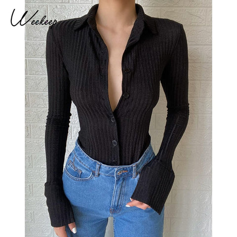 Weekeep Streetwear Rib Knit Tee Tops Women Black Autumn Long Sleeve Buttons Turn-down Collar Female T-shirt Harajuku Casual Tees