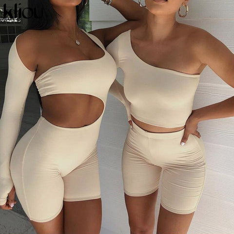 Kliou Solid Asymmetrical Two Piece Sets Women Tracksuit Crop Tops+Elastic Bike Shorts Sporty Matching Suits Casual Female Outfit