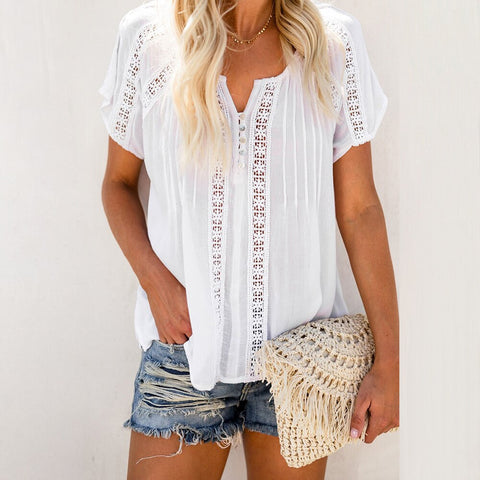 Sonicelife Women Hollow Out Short Sleeve Blouse Elegant V-Neck Loose Solid Casual Blouses Tops Female Office Ladies Pullover Clothes D30