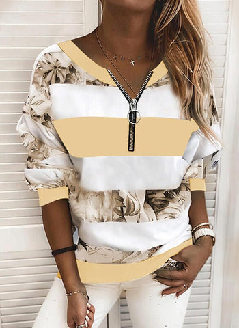 Sonicelife Women Tshrts V-Neck Wide Stripe Print Long Sleeve Zipper Casual Stretchy 2024 Autumn Fashion Ladies Tops Vintage Clothes D30