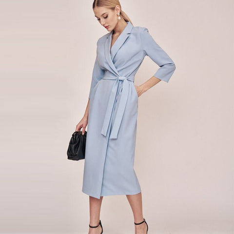 Sonicelife Churses Casual Suit Collar Belt Straight Dress Autumn Seven Sleeve Solid Color Home Wear Office Lady Dresses For Women 2024