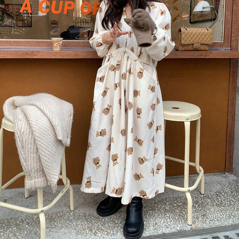 v-neck teddy bear sweet refresh long dress preppy style fit and flare long dress outgoing spring streeetwear 2021 new arrivals