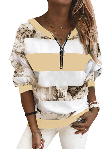 Sonicelife Women Tshrts V-Neck Wide Stripe Print Long Sleeve Zipper Casual Stretchy 2024 Autumn Fashion Ladies Tops Vintage Clothes D30