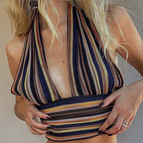 2023 Cotton Patchwork Hollow Out Knit Crop Top Women Halter Neck Summer Sleeveless Backless  Off Shoulder Y2K Party Tank Top
