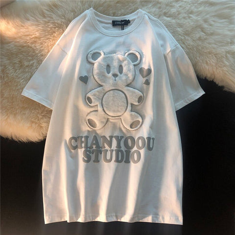 Sonicelife Printed Embroidery Kawaii Short Sleeve Women's T-Shirt  Summer 2024 New Loose Korean Style Bear Top Clothes Cute Cotton Tshirt