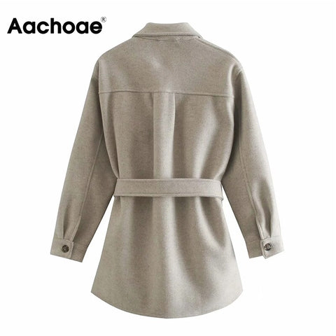 Aachoae Autumn Winter Women Chic Wool Coats With Belt 2023 Solid Long Sleeve Pockets Outerwear Turn Down Collar Elegant Coat