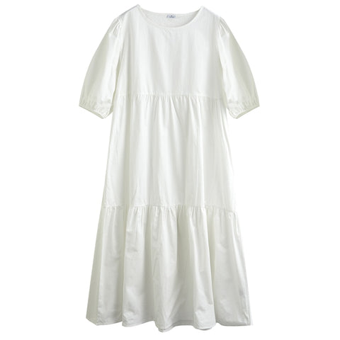 Sonicelife Toppies White Cotton Puff Sleeve Dress Woman Summer Midi Dress Short Sleeve Cascading Ruffles Blouses Dress