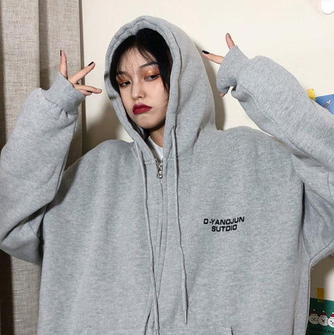 Sonicelife Letter Vintage Zip Up Streetwear Sweatshirts Women Harajuku Oversized Hoodies Thin Pockets Long Sleeve Clothes Korean Style Tops