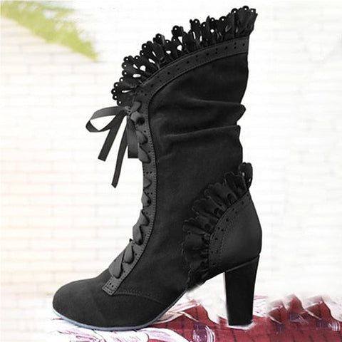High Heel Boots Women Steampunk Women  Leather Suede Boots Autumn Vintage Winter Shoes Women Lace Up Cosplay Boots HVT373