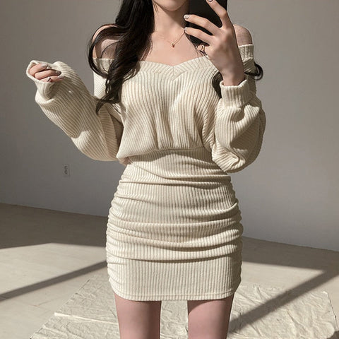 Sonicelife hoco dresses Harajuku Korean Fashion Cinched Waist Long Sleeve Rib Knit Mini Dress (Beige/Black)