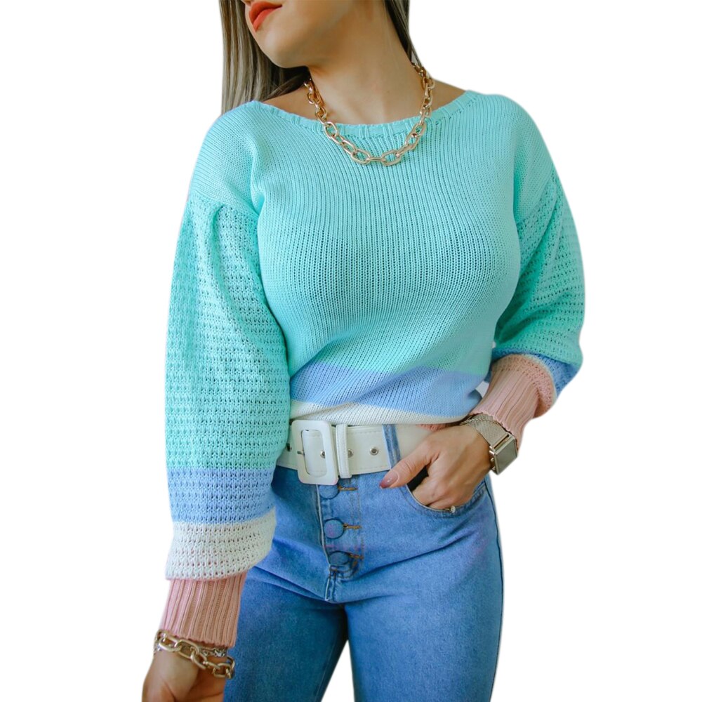 Sonicelife Casual Classic Women Long Sleeve Round Neck Sweater Knitted Colorblock Patchwork Spring Autumn Loose Jumper Warm Ladies Pullover