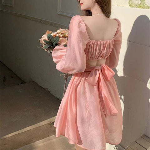 Sonicelife hoco dresses  Pink Sweet Elegant Princess Dress Women Casual Korean Slim Long Sleeve Fairy Dress Female Backless Design Vintage Dress  New