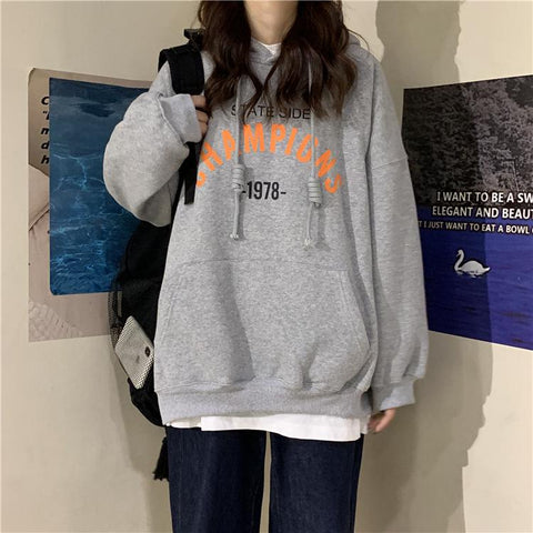 Sonicelife Hoodies Women 2024 New Loose Korean Student Blouse Harajuku Style Printing Plus Cashmere Hooded Woman Clothes Ladies Pullovers