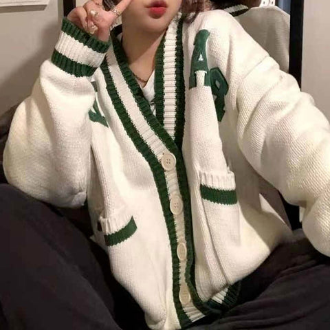 Sonicelife  Harajuku Striped Copped Knitted Cardigan Sweater Women Korean Style Letter Print V-Neck Long Sleeve Jumper Female Tops