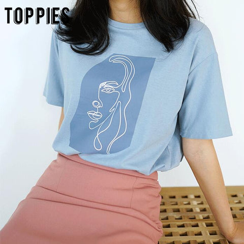 Sonicelife Toppies Abstract T-shirts Character Printing Women Tops Solid Color Summer white Cotton Tops Tees harajuku clothing