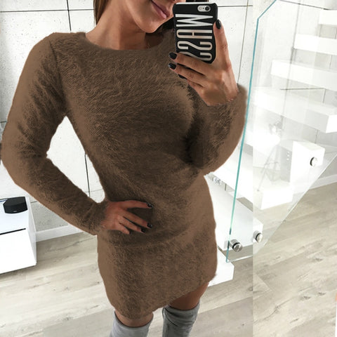 Sonicelife  Women Plush Bodycon Dress Round Neck Long Sleeve Gray Casual Autumn Winter Sheath Office Lady Solid Midi Dress Pullovers