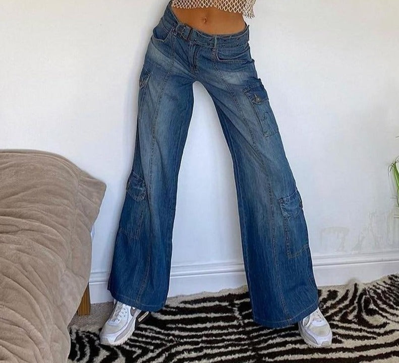 Streetwear Oversized Jeans Women Belt High Waist Pocket Patchwork Straight Leg Denim Pants Harajuku Casual Vintage Jeans