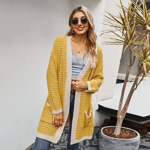 Sonicelife Sale Women Stitching Cardigan Jacket Patchwork Knitted Coat With Pocket Long Sleeve Soft Long Female Sweaters Casual Outwear D30