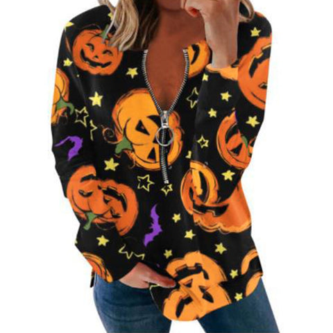 Sonicelife Women Halloween Long Sleeve Sweatshirts Pumpkin Ghost Printed Loose Tops Round Neck Tee Casual Autumn Party Zipper Streetwear