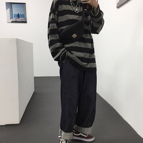 Sonicelife Harajuku Oversized High Street Stripe T-shirt long sleeves vintage style All-match fashion Unisex clothes Japanese Streetwear