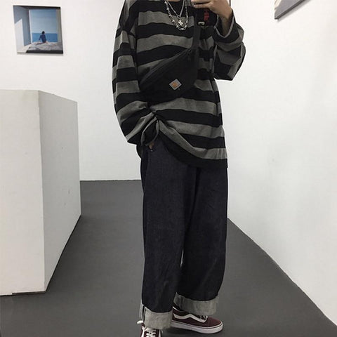 Sonicelife Harajuku Oversized High Street Stripe T-shirt long sleeves vintage style All-match fashion Unisex clothes Japanese Streetwear 1027
