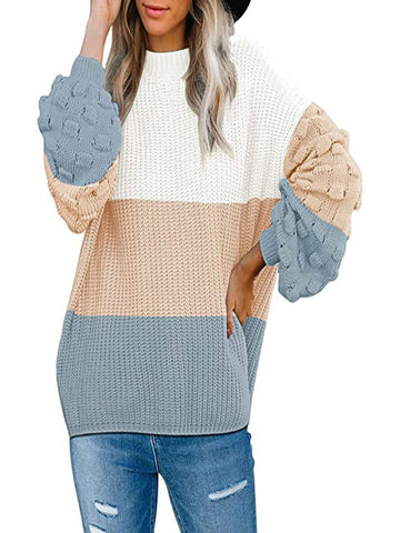 Sonicelife Elegant Women Office Lady Pullover Winter Warm Long Sleeve Knit Crochet Turtleneck Lantern Sleeve Sweater Round Neck Streetwear