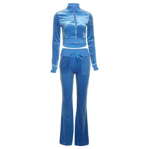 Kliou Solid Velour Two Piece Set Women Simple Casual Zipper Long Sleeve Turtleneck Top+Bandage Lace Slim Female Wide Leg Pants