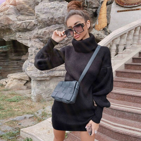 Turtleneck Lantern Sleeve Sweaters Dress Women Autumn Winter Solid Casual Long Pullovers Oversize Thick Knitted Sweater Dresses