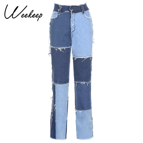 Sonicelife Weekeep Fashion Women High Waist Streetwear Jeans Patchwork Vintage 100% Cotton Design Button Fly Straight Denim Pants Slim Jean