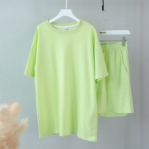 Toppies Summer Tracksuits Womens Two Peices Set Leisure Outfits Cotton Oversized T-shirts High Waist Shorts Candy Color Clothing
