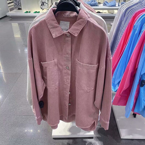 New Spring Autumn Women Fashion Pocket Pink Denim Shirt Jacket Coat Female Vintage Long Sleeve Lapel Buttons Jean Outerwear Tops