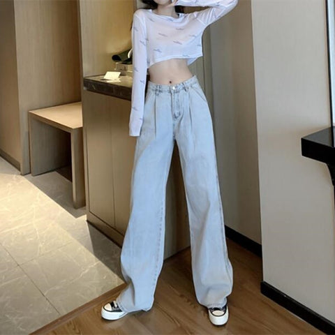 Sonicelife Woman Jeans High Waist Clothes Wide Leg Denim Clothing Blue Streetwear Vintage Quality 2024 Fashion Harajuku Straight Pants