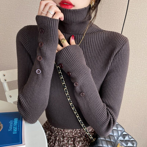 Christmas Gift Thick Cashmere Knitted Sweater Women 2023 Autumn Winter Korean Turtleneck Long Sleeve Button Pullover Female Jumper Knitwear