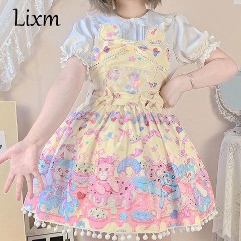 Sonicelife Sweet Lolita Milk Foam Pudding Print Lolita Cute JSK Strap Dress Women Summer Tea Party Princess Bowknot Dresses