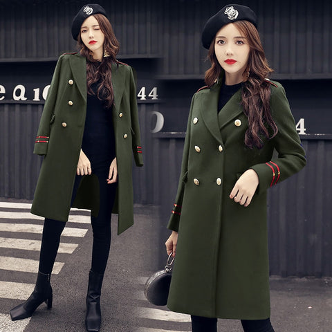 YASUGUOJI New 2023 Fashion Double Breasted Winter Coat Female Thicken Warn Overcoat Military Green Woollen Long Coat Women