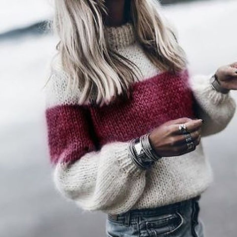 Sonicelife High Quality Fluffy Sweaters for Women 2023 Winter Thick Warm Striped Knitted Sweater Long Sleeve Mohair Pullovers Jumper Female
