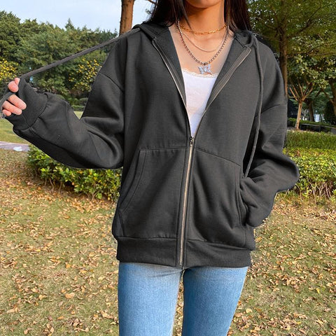 Sonicelife Harajuku Long Sleeve Oversized Hooded Sweatshirts Women Winter Vintage Clothes Woman Warm Thick Jacket Sweetshirt Zip Up Hoodies