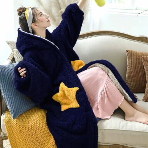 Sonicelife Oversized Women Flannel Blanket Hoodies Winter Warm Clothing Kawaii Cute Girls Hoody Home Coats Female Pocket Sweat Sweatshirts