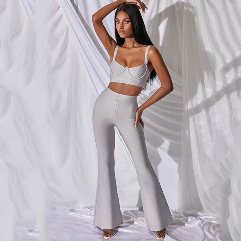 Sonicelife 2023 Summer New Women's Fashion  Bandage 2 Two-piece Set Sleeveless Tight Short Top &  High Waist Flared Trousers Pants Set