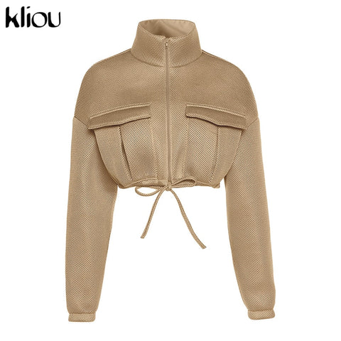 Kliou Mesh Plaid Autumn Spring Coat Women Trend Turtleneck Zipper Pocket Crop Jacket Solid Slim Drawstring Female Outerwear Hot