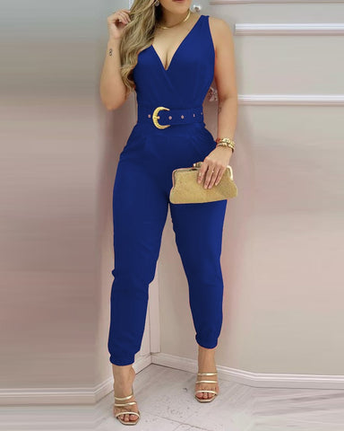 Sonicelife 2023 Women Summer Sping Plain Thick Strap Jumpsuit With Belt V-Neck Thick Strap Sleeveless Solid Casual