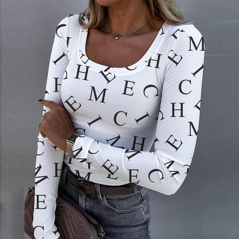 Sonicelife  Women  Chic New U Neck Pullover Tops Office Lady Elegant Long Sleeve Ribbed Blusa Fashion Printed Letter Slim Blouses Shirts