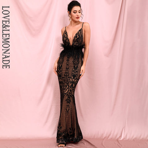 LOVE&LEMONADE  Deep V-Neck Open Back Flower Vine Embroidery Material Party Maxi Dress (With Feather Belt) LM82336